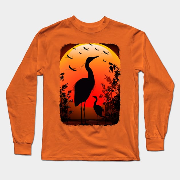 Heron Shape on Peaceful Tropical Sunset Long Sleeve T-Shirt by BluedarkArt